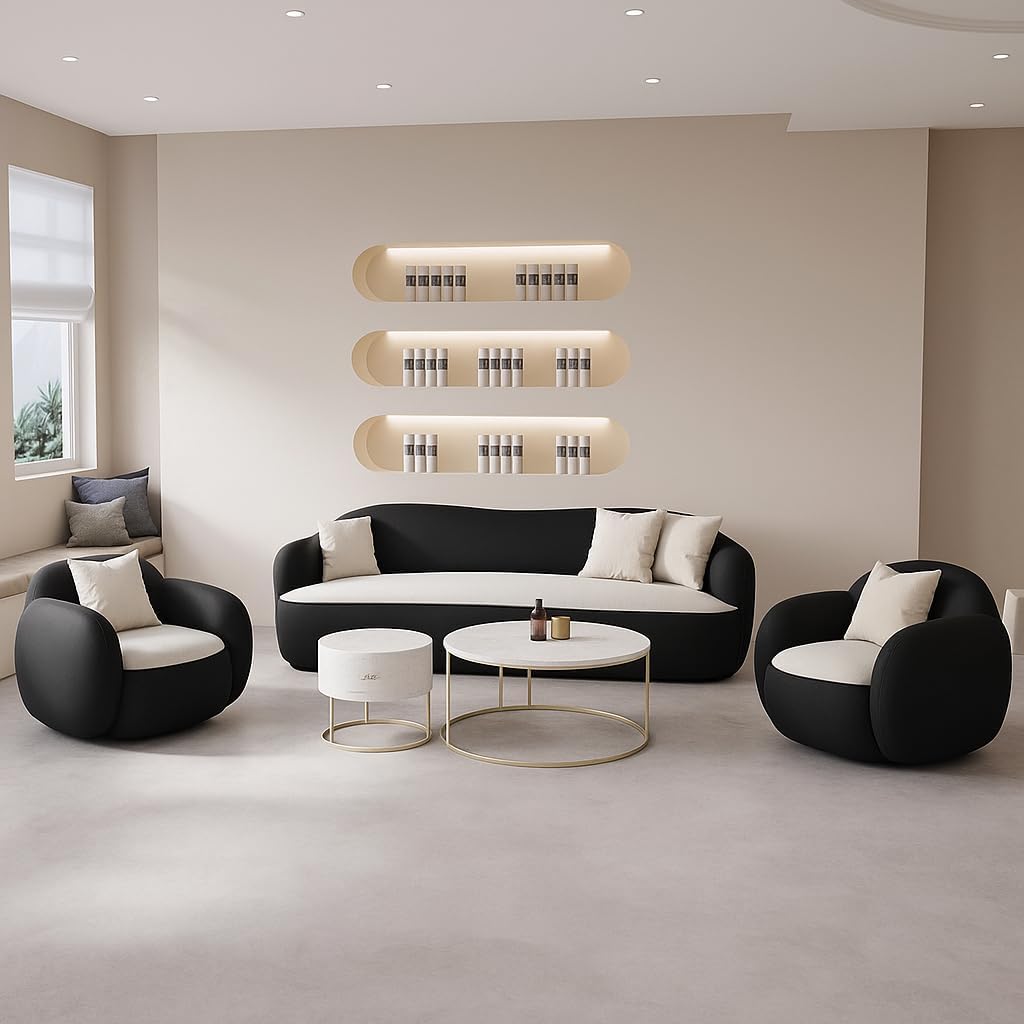 Modern Minimalist Living Room Sofa Set - Luxury Curved 3-Seater Sofa with Plush Armchairs, Scandinavian Style (Black & White)
